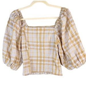 Maeve Anthropologie Plaid Smocked Puff Sleeve Blouse